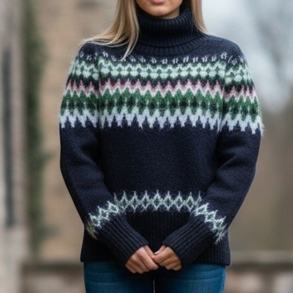 Free Assembly Fair Isle Fuzzy Mock Neck Sweater M Navy Pink Green FAWSW00388